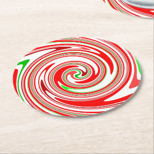 Posavasos Redondo De Papel Rayas de Caramelo Navideñas Rojo Blanco Verde