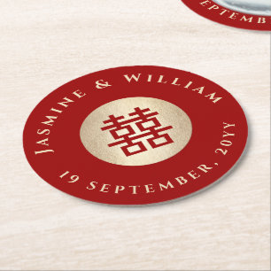 Posavasos Redondo De Papel Rectángulo dorado doble felicidad Boda chino