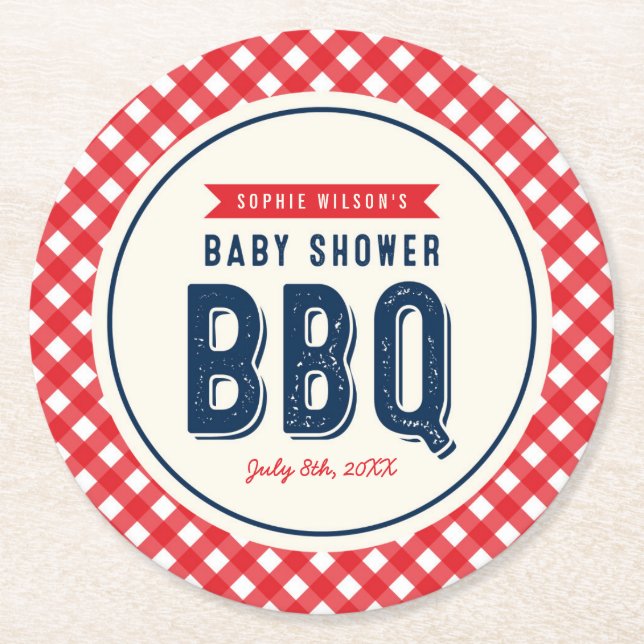 Posavasos Redondo De Papel Red Gingham y Blue Baby Shower BBQ Fiesta (Anverso)