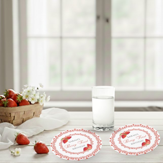 Posavasos Redondo De Papel Red Lace Berry First Birthday (Red Lace Berry First Birthday Round Paper Coaster)