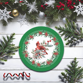 Posavasos Redondo De Papel Red Mockingbird Poinsettia Borders Green
