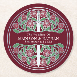 Posavasos Redondo De Papel Red Royal Medieval Silver Sword Wedding