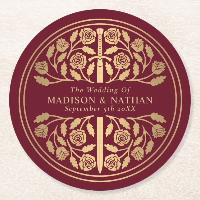 Posavasos Redondo De Papel Red Royal Medieval Sword Wedding (Anverso)