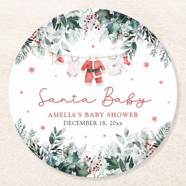 Posavasos Redondo De Papel Red Santa Baby Navidades Baby Clothes Baby Shower (Anverso)