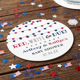 Posavasos Redondo De Papel Red, White & Due! 4 de Julio Baby Shower