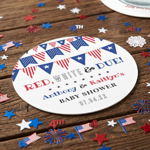 Posavasos Redondo De Papel Red, White & Due! 4 de Julio Baby Shower