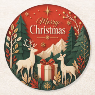 Posavasos Redondo De Papel Regalo de Navidad de ciervos del bosque