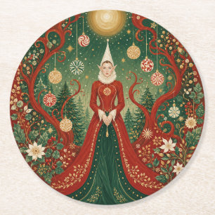 Posavasos Redondo De Papel Reina Elfa del Bosque Encantado de Navidad