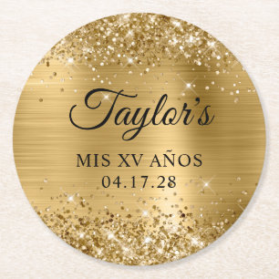 Posavasos Redondo De Papel Relieve metalizado dorado Purpurinoso Mis XV Anos 