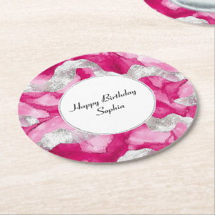 Posavasos Redondo De Papel Resumen de Glam Plata Rosa Cumpleaños
