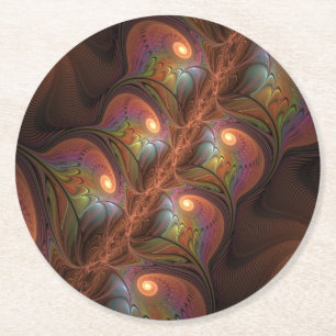 Posavasos Redondo De Papel Resumen fluorescente colorido Trippy Brown Fractal