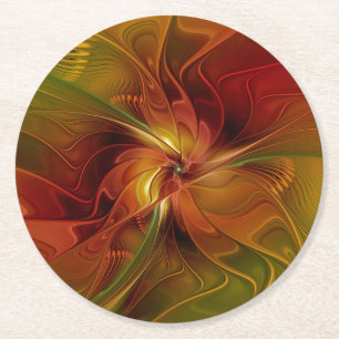 Posavasos Redondo De Papel Resumen Naranja rojo Brown Flor de arte fractal ve