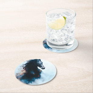 Posavasos Redondo De Papel Retrato de caballo negro de carreras minimalista