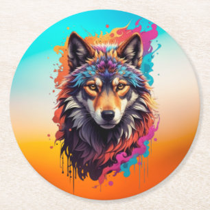 Posavasos Redondo De Papel Retrato de Lobo Colorido Arte de Animal Abstracto-