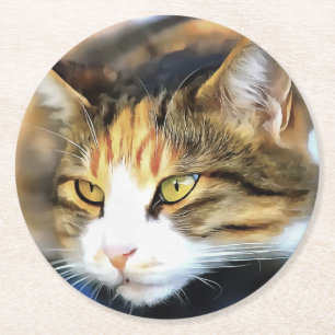 Posavasos Redondo De Papel Retrato de Mascota realista de gato de calico amar
