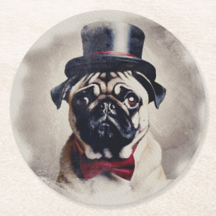 Posavasos Redondo De Papel Retrato de posh pug vintage