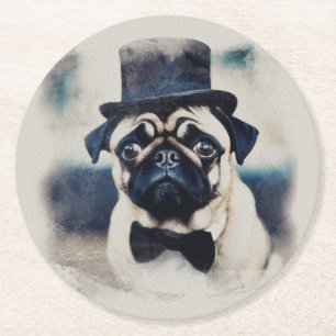 Posavasos Redondo De Papel Retrato Vintage BLue Tux Pug