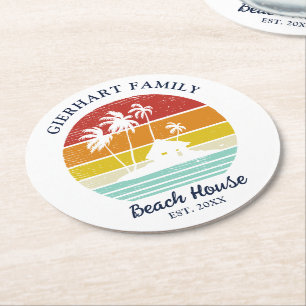 Posavasos Redondo De Papel Retro Beach House Familia Reunion Palm Trees