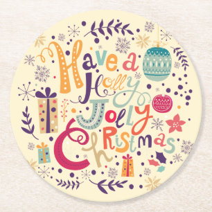 Posavasos Redondo De Papel Retro Colorful Tiene Navidades Holly Jolly
