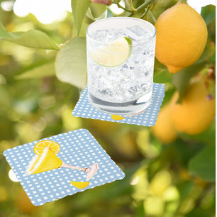 Posavasos Redondo De Papel Retro Sunny Amarillo Lemon Drop Blue White Check