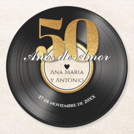 Posavasos Redondo De Papel Rétro Vinilo Español 50 Aniversario