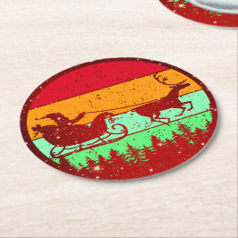 Posavasos Redondo De Papel Retro Vintage Sunset Santa Sleigh Reindeer