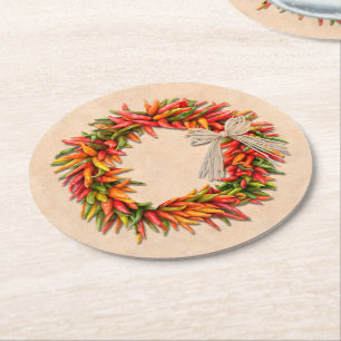 Posavasos Redondo De Papel Ristra Wreath del suroeste de Chile en Adobe Wall