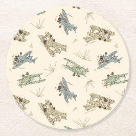 Posavasos Redondo De Papel Roaring Art Deco Bi-planos - azul verde patrón.