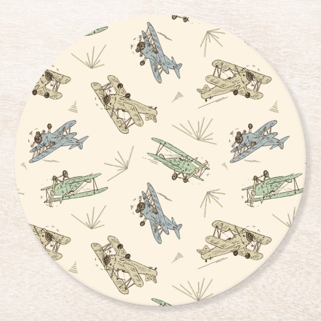 Posavasos Redondo De Papel Roaring Art Deco Bi-planos - azul verde patrón. (Anverso)