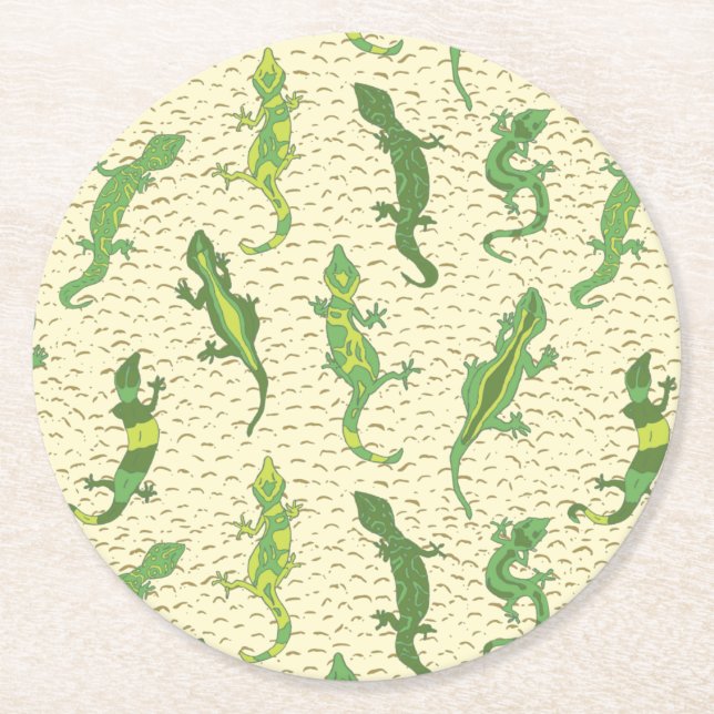 Posavasos Redondo De Papel Rock Climbing Geckos en amarillo - patrón sin fisu (Anverso)