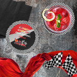 Posavasos Redondo De Papel Roja | Cumpleaños de la Carreras Black Go Kart<br><div class="desc">Se acaba la carrera para celebrar un cumpleaños con temática de carreras kart. El diseño de esta fiesta de cumpleaños incluye un kart de go rojo y negro con un auto de casco rojo y llamas disparando por la parte de atrás del kart go. Las palabras "Listo, Set, Go!" también...</div>