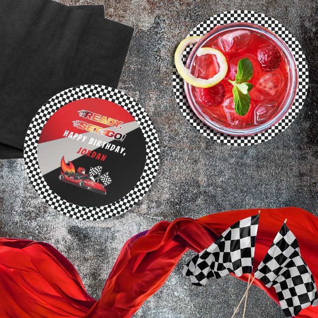 Posavasos Redondo De Papel Roja | Cumpleaños de la Carreras Black Go Kart (Red and Black Go Kart Racing Kid's "Ready, Set, Go!" Birthday Party Coasters)