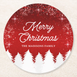 Posavasos Redondo De Papel Rojo elegante | Fiesta de Navidades de árboles y c