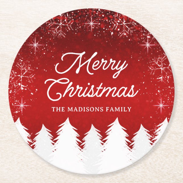 Posavasos Redondo De Papel Rojo elegante | Fiesta de Navidades de árboles y c (Anverso)