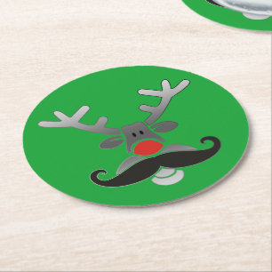 Posavasos Redondo De Papel Rojo Nosed Rudolph con Mustache + tu idea
