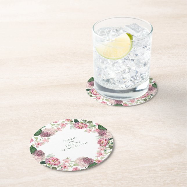 Posavasos Redondo De Papel Romántica acuarela Flores rosadas Boda Jardín (In situ)