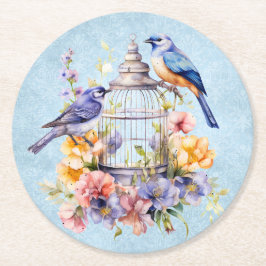 Posavasos Redondo De Papel Romántico Jaula de Pájaros Floral Acuarela Vintage