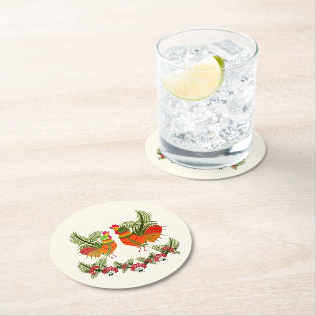 Posavasos Redondo De Papel Rooster con gallina (In situ)