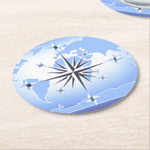 Posavasos Redondo De Papel Rosa de brújula Vela Océano Azul