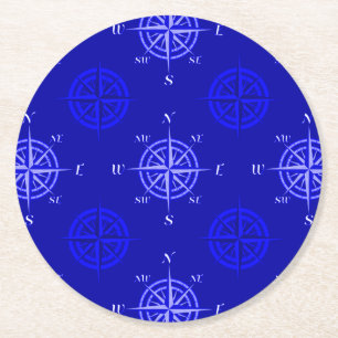 Posavasos Redondo De Papel Rosa de la brújula azul del océano