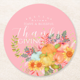 Posavasos Redondo De Papel Rosa del Día de Acción de Gracias de Otoño