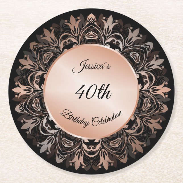Posavasos Redondo De Papel Rosa Gold Black Floral Mandala  (Anverso)