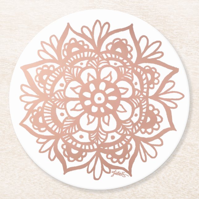 Posavasos Redondo De Papel Rosa Gold Mandala (Anverso)