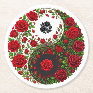 Posavasos Redondo De Papel Rosa Roja y Rosa Negra Yin Yang