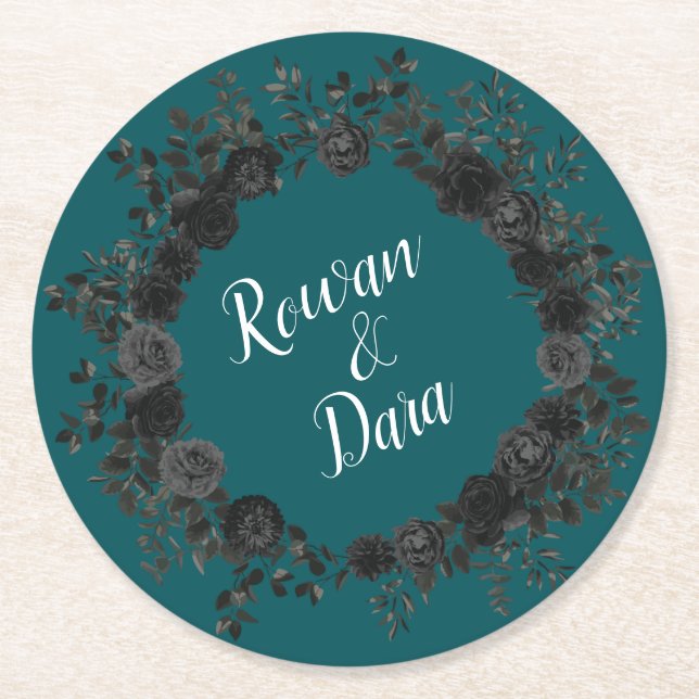 Posavasos Redondo De Papel Rosa Verde azulado negro Boda gótica elegante (Anverso)