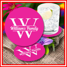 Posavasos Redondo De Papel Rosa y Blanco | Monograma Simple de Apellido Famil