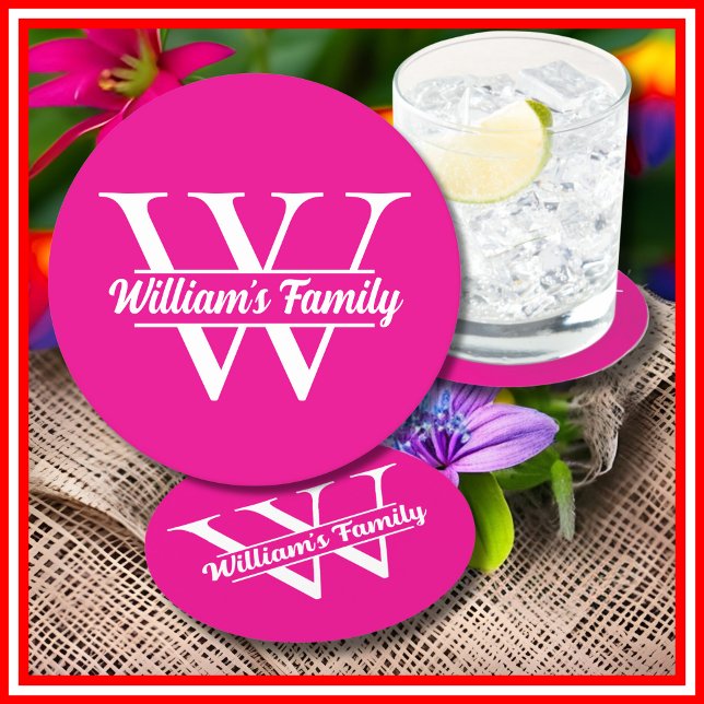 Posavasos Redondo De Papel Rosa y Blanco | Monograma Simple de Apellido Famil (Subido por el creador)