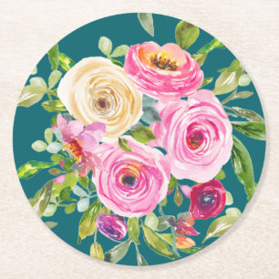 Posavasos Redondo De Papel Rosas acuarela en rosa y crema sobre turquesa