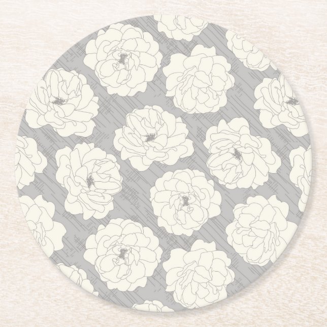 Posavasos Redondo De Papel Rosas blancas en gris claro - patrón sin fisuras. (Anverso)