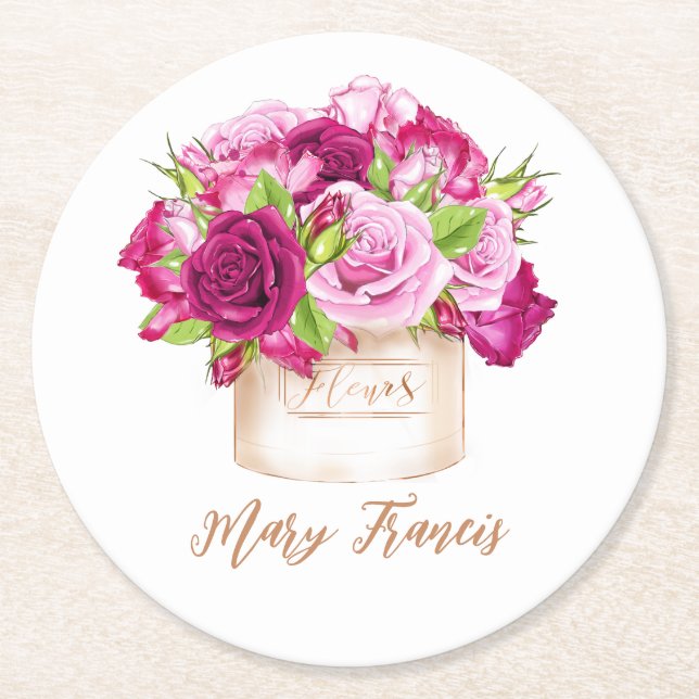 Posavasos Redondo De Papel Rosas Burdeos y Rosadas (Anverso)